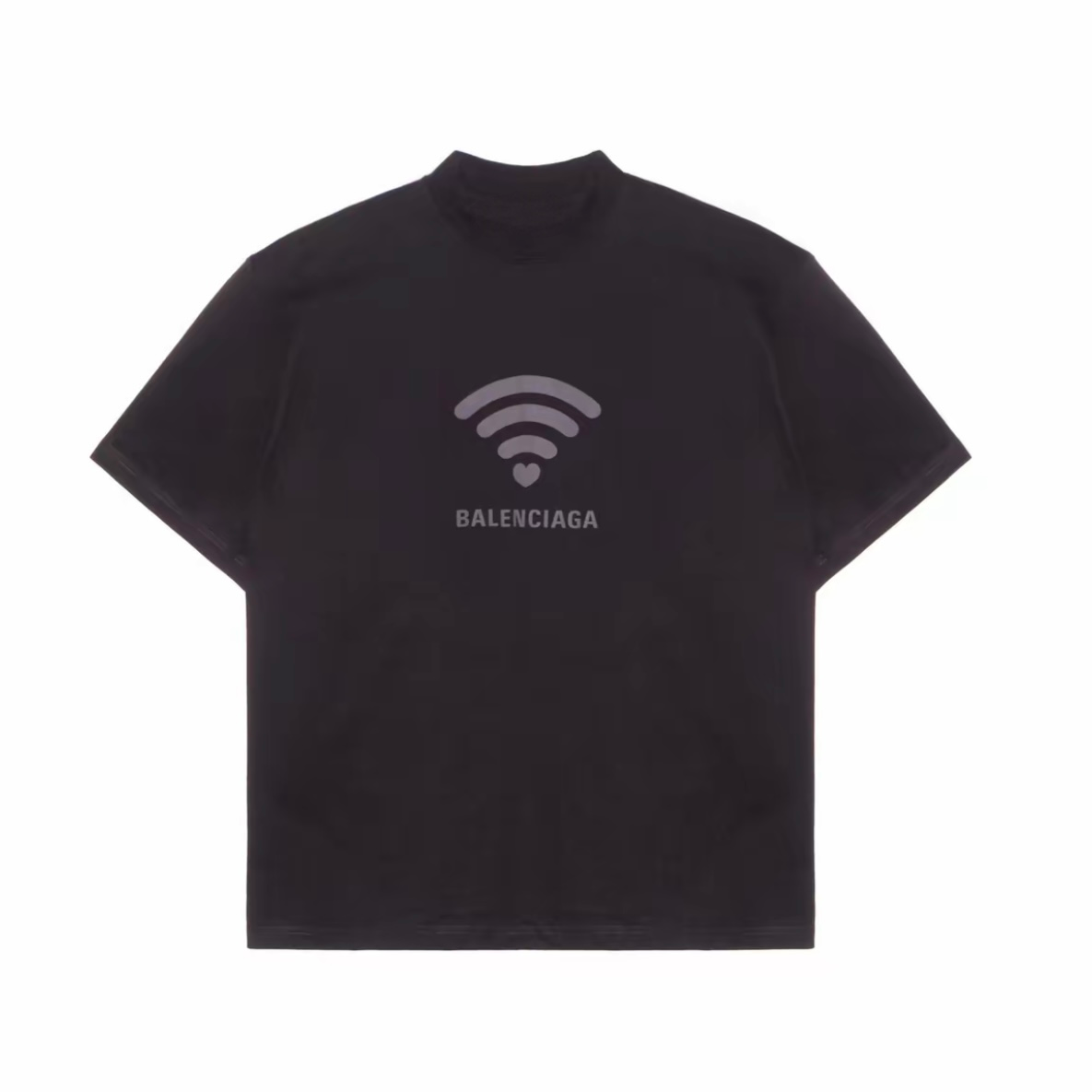 Black Heart WiFi Letter Logo Graphic T-Shirt, Crew Neck Short Sleeve Casual Tee