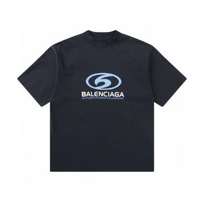 New Blue Label Logo Print T-Shirt, Crew Neck Short Sleeve Streetwear Black Tee