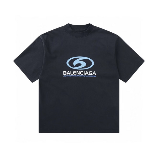 New Blue Label Logo Print T-Shirt, Crew Neck Short Sleeve Streetwear Black Tee