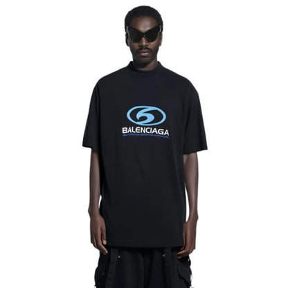 New Blue Label Logo Print T-Shirt, Crew Neck Short Sleeve Streetwear Black Tee