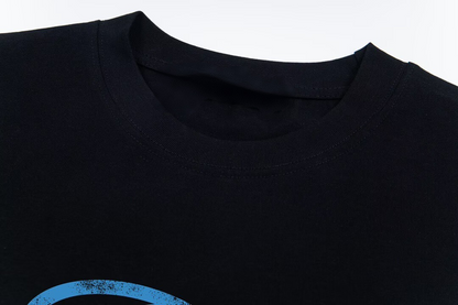 New Blue Label Logo Print T-Shirt, Crew Neck Short Sleeve Streetwear Black Tee